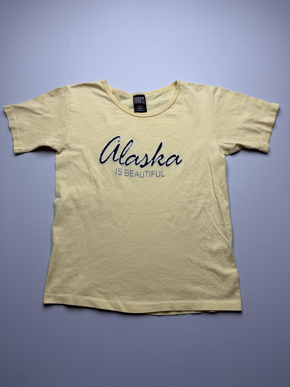 Vintage Sherry's Best Shirt Womens S Yellow Crew Neck Short Sleeve Alaska Top